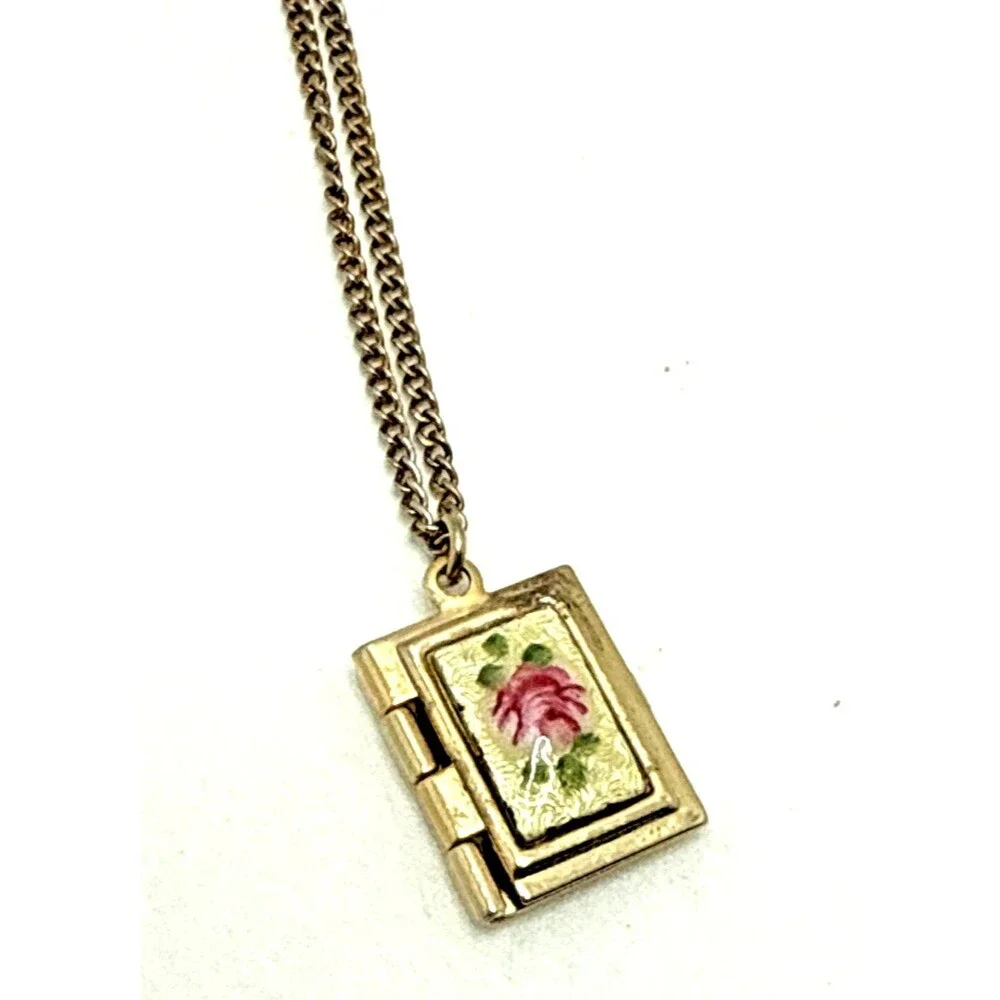 Vintage Guilloche Enamel Locket Necklace Child Size Rose Design Gold Tone 15